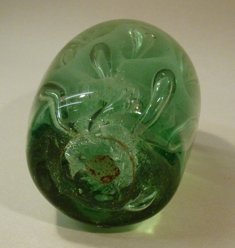 THREE VICTORIAN GREEN GLASS DUMPS TWO OF OVOID FORM WITH BUBBLES/INCLUSIONS AND A SPHERICAL DUMP - Image 4 of 11