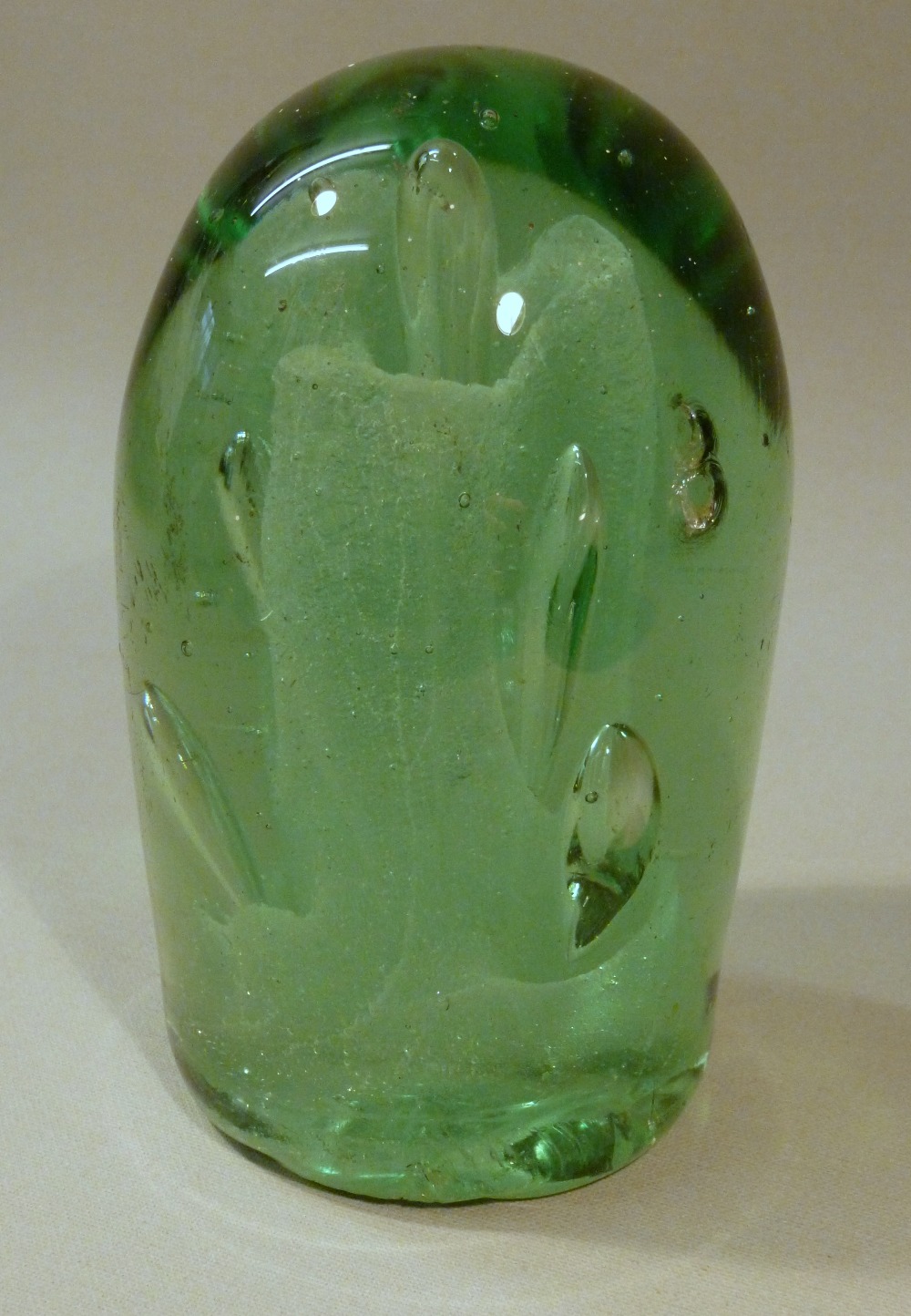 THREE VICTORIAN GREEN GLASS DUMPS TWO OF OVOID FORM WITH BUBBLES/INCLUSIONS AND A SPHERICAL DUMP - Image 6 of 11