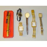 ART DECO STYLE 14KT GOLD WATCH BY CHALET 17 JEWELS AND FOUR OTHER WATCHES AND A PLATED SHEAFFER PEN