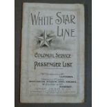 WHITE STAR LINE COLONIAL SERVICE PASSENGER LIST FOR TWIN SCREW STEAMER "AFRIC", 11,948 TONS, SAILING