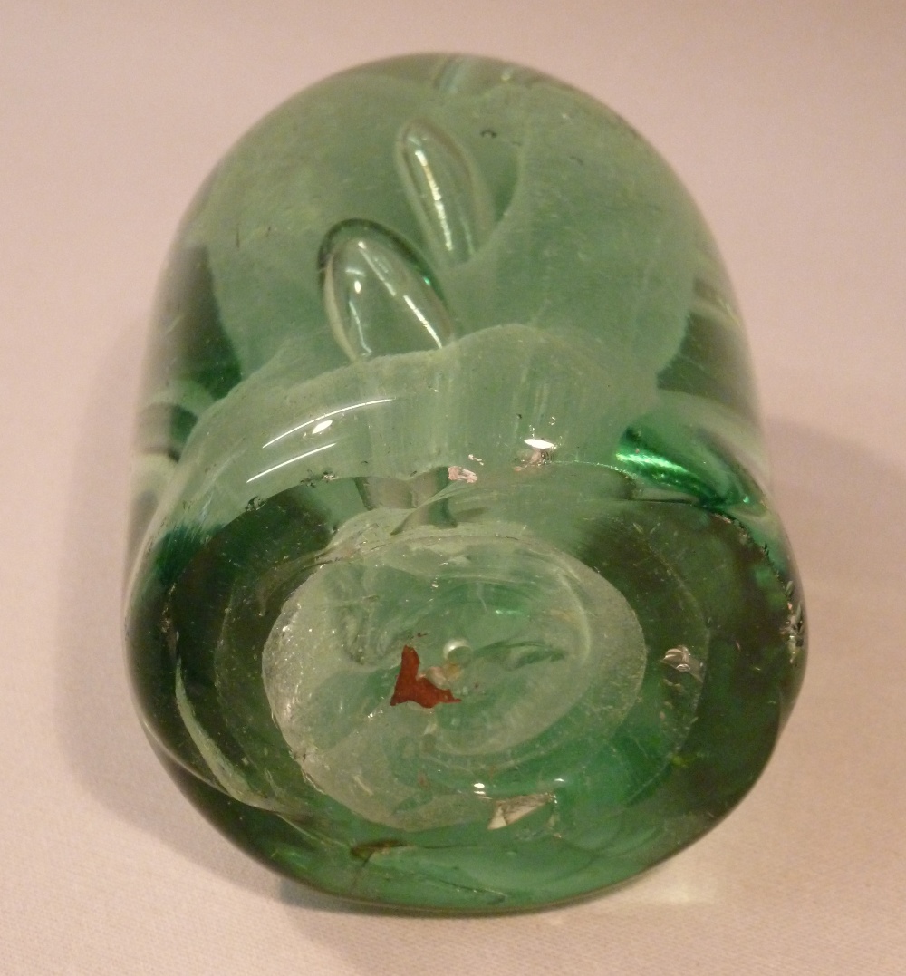 THREE VICTORIAN GREEN GLASS DUMPS TWO OF OVOID FORM WITH BUBBLES/INCLUSIONS AND A SPHERICAL DUMP - Image 7 of 11