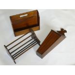 MAHOGANY WALL HANGING COFFIN SHAPED CANDLE BOX (H: 49.5 cm), WOODEN SPINDLE BOOK RACK (L: 36 cm) AND