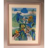 FOUR LATE C20th CHINESE WATERCOLOURS DEPICTING STYLISED VILLAGE SCENES IN THE FOUR OF SEASONS,