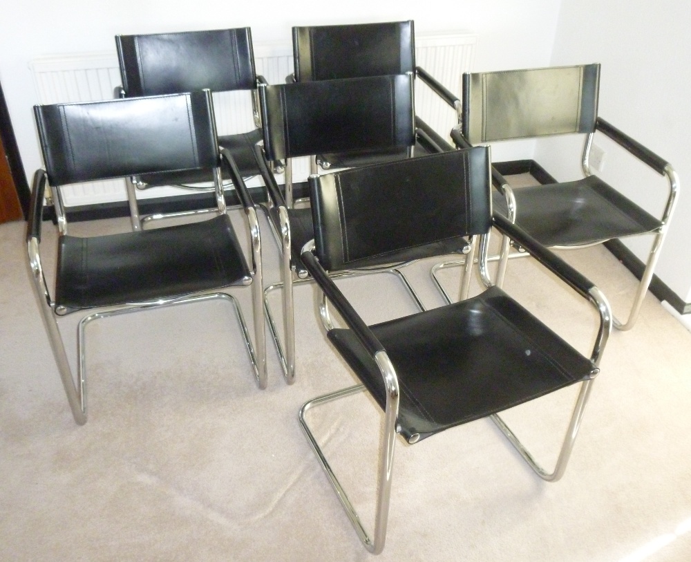 SET OF SIX POST-MODERN ARMCHAIRS WITH BLACK LEATHER ARMS, BACK AND SEAT ON CHROME TUBULAR METAL