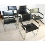 SET OF SIX POST-MODERN ARMCHAIRS WITH BLACK LEATHER ARMS, BACK AND SEAT ON CHROME TUBULAR METAL