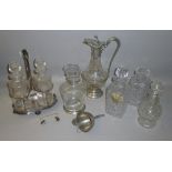 FRENCH PEWTER MOUNTED GLASS CLARET JUG, SIMILAR CARAFE, PEWTER WINE FUNNEL, THREE CUT GLASS