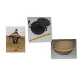 C20th WEST AFRICAN TRIBAL WOVEN LEATHER AND STRAW HAT, SMALL EBONY SHAFTED HAMMER, A FULAMI