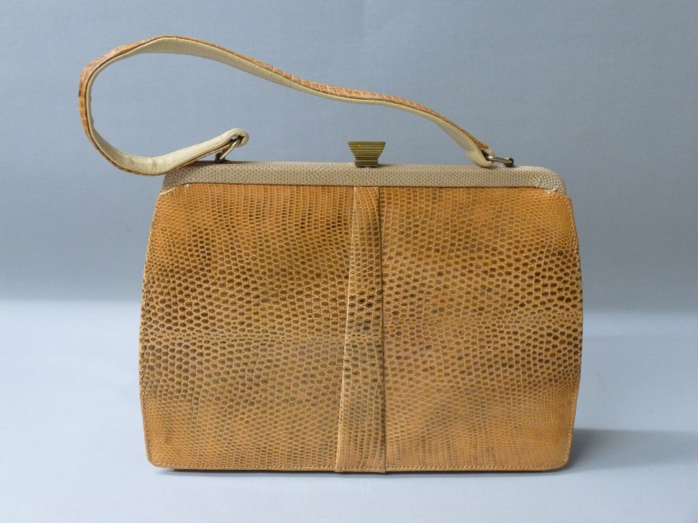 1950's MAPPIN & WEBB LIZARD SKIN KELLY BAG (HEIGHT OVERALL 20.8 cm x 27 cm)