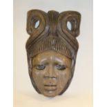 WEST AFRICAN WALL MOUNTED FACE MASK HEAD CARVED FROM HARDWOOD (H: 36.7 cm x 23.5 cm)