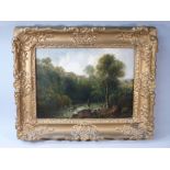 C19th ENGLISH SCHOOL LANDSCAPE OF A FIGURE FISHING WITH BUILDING BEYOND, SIGNED PR?, OIL ON