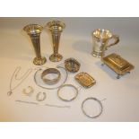 QUANTITY OF SILVER INCLUDING BANGLES, A PAIR OF PIERCED TRUMPET SHAPED VASES (291g) TOGETHER WITH