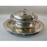 REPRODUCTION VICTORIAN SILVER-PLATE OVAL MEAT DISH WITH TREE DRAINER AND WELL WITHIN A GADROONED