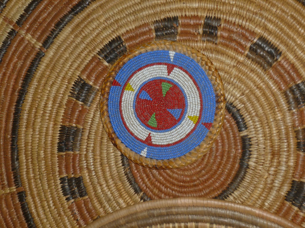 SIX WEST AFRICAN STRAW/GRASS MATS WITH DYED PATTERN (ONE WITH BEADWORK DESIGN), THREE WOVEN - Image 2 of 7