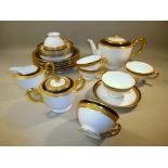 OKURA ROYAL BLUE 2093 (GOLD AND BLUE RIM) PART TEA SET COMPRISING FIVE 3¾" FOOTED CUP AND SAUCER,