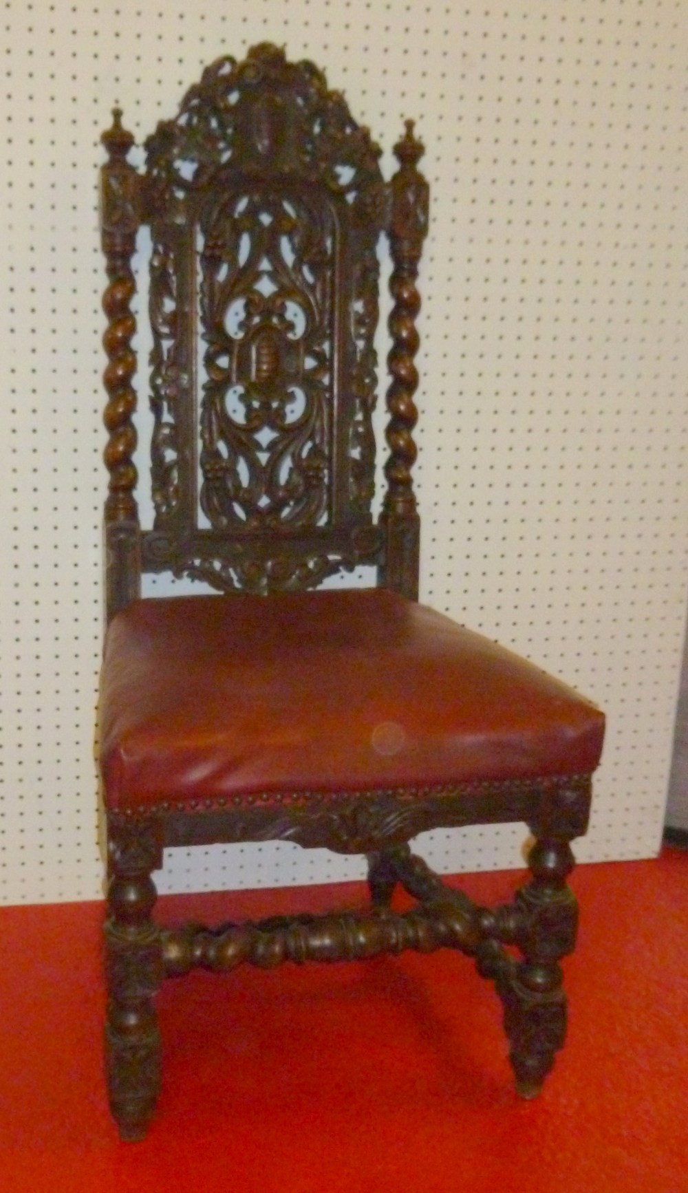 VICTORIAN CARVED OAK CHAIR WITH BARLEY TWIST LEGS AND CARVED AND PIERCED BACK. HEIGHT115CM, WIDTH