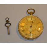 18 CARAT GOLD SWISS POCKET WATCH WITH A GILT CIRCULAR DIAL AND SECONDS DIAL ENCLOSING A KEY WIND