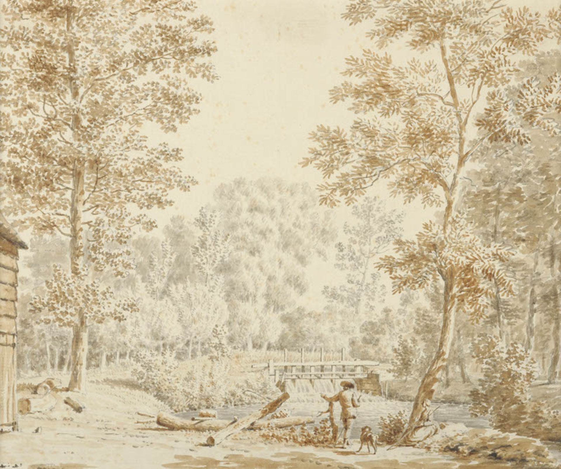 Jordanus Hoorn (1753-1833), 'Reiziger met hond bij rivier', niet gesigneerd, grijsgewassen