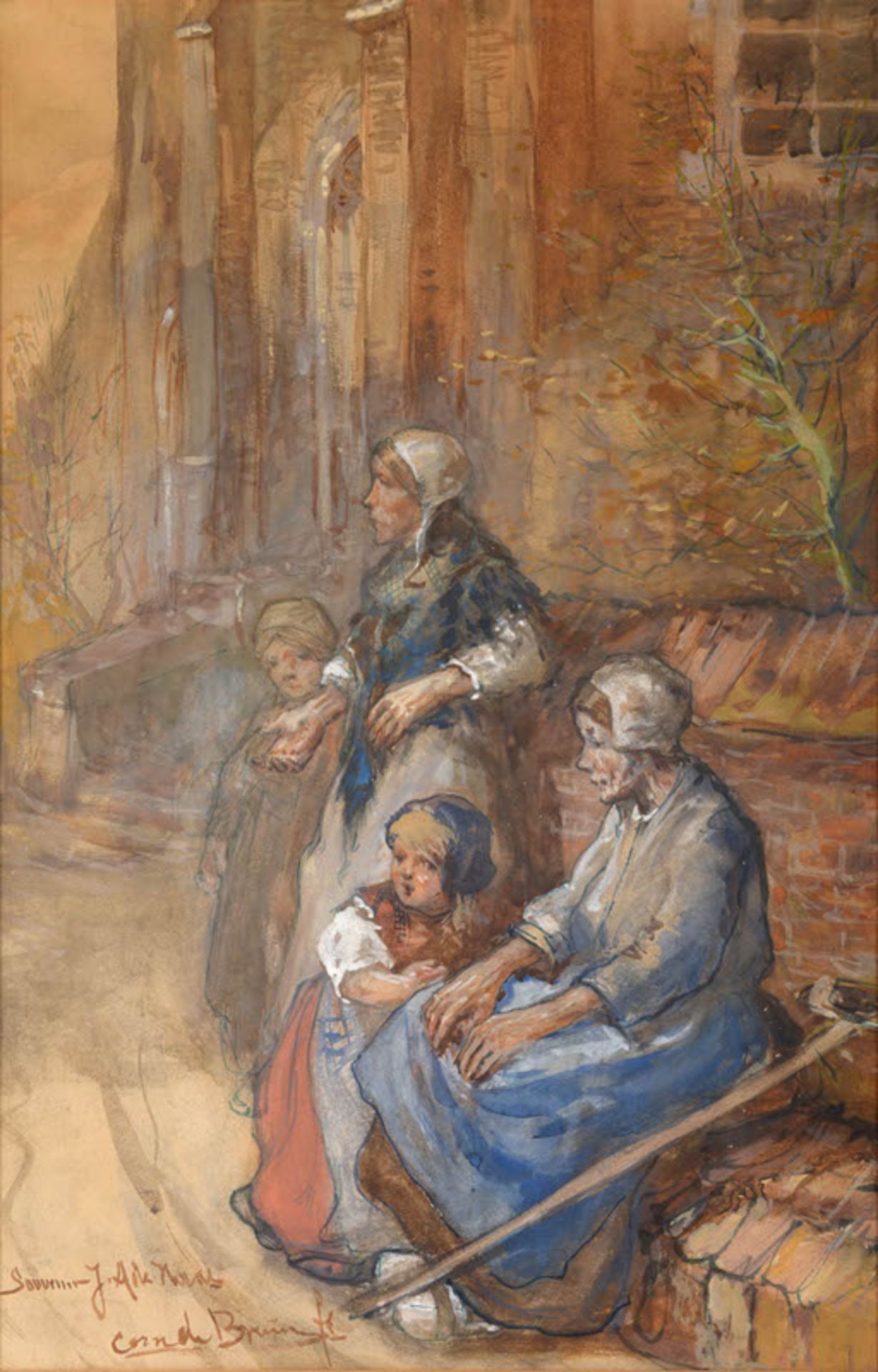 Cornelis de Bruin (1870-1940), 'Bedelaars aan de voet van een kerk', gesigneerd, aquarel, afm. 51,