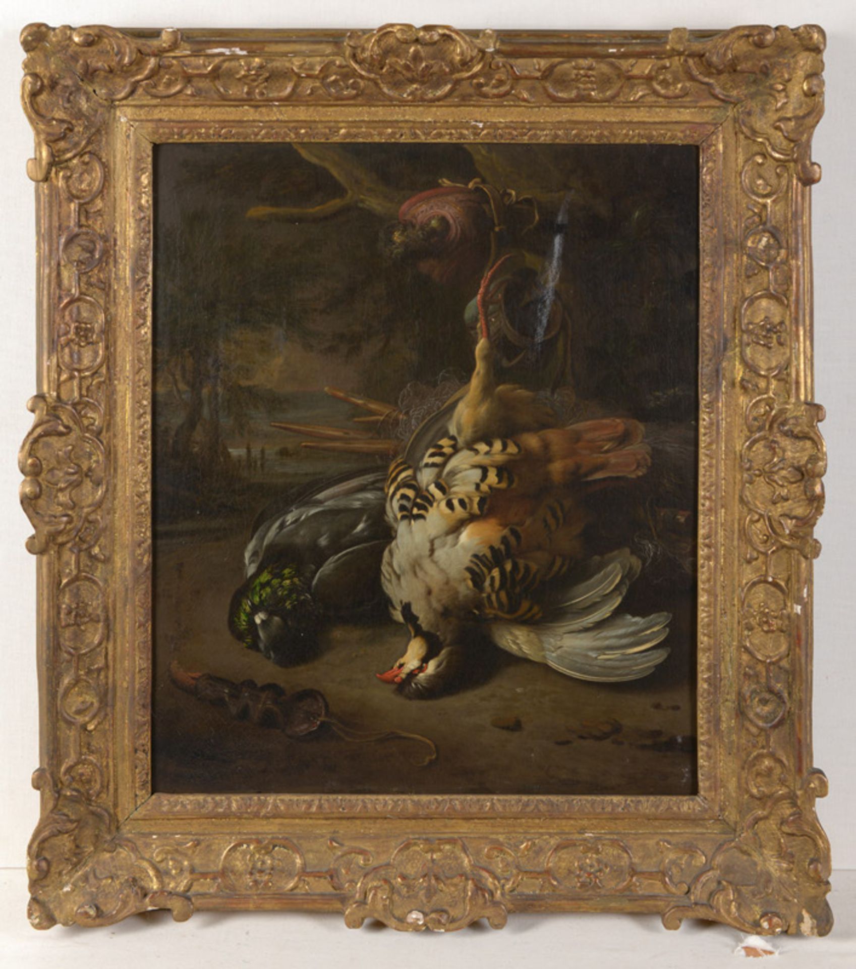 Jan Weenix (1640-1719), 'Jachtstilleven met patrijs en duif, hangend met een valkenkap aan een - Image 2 of 3