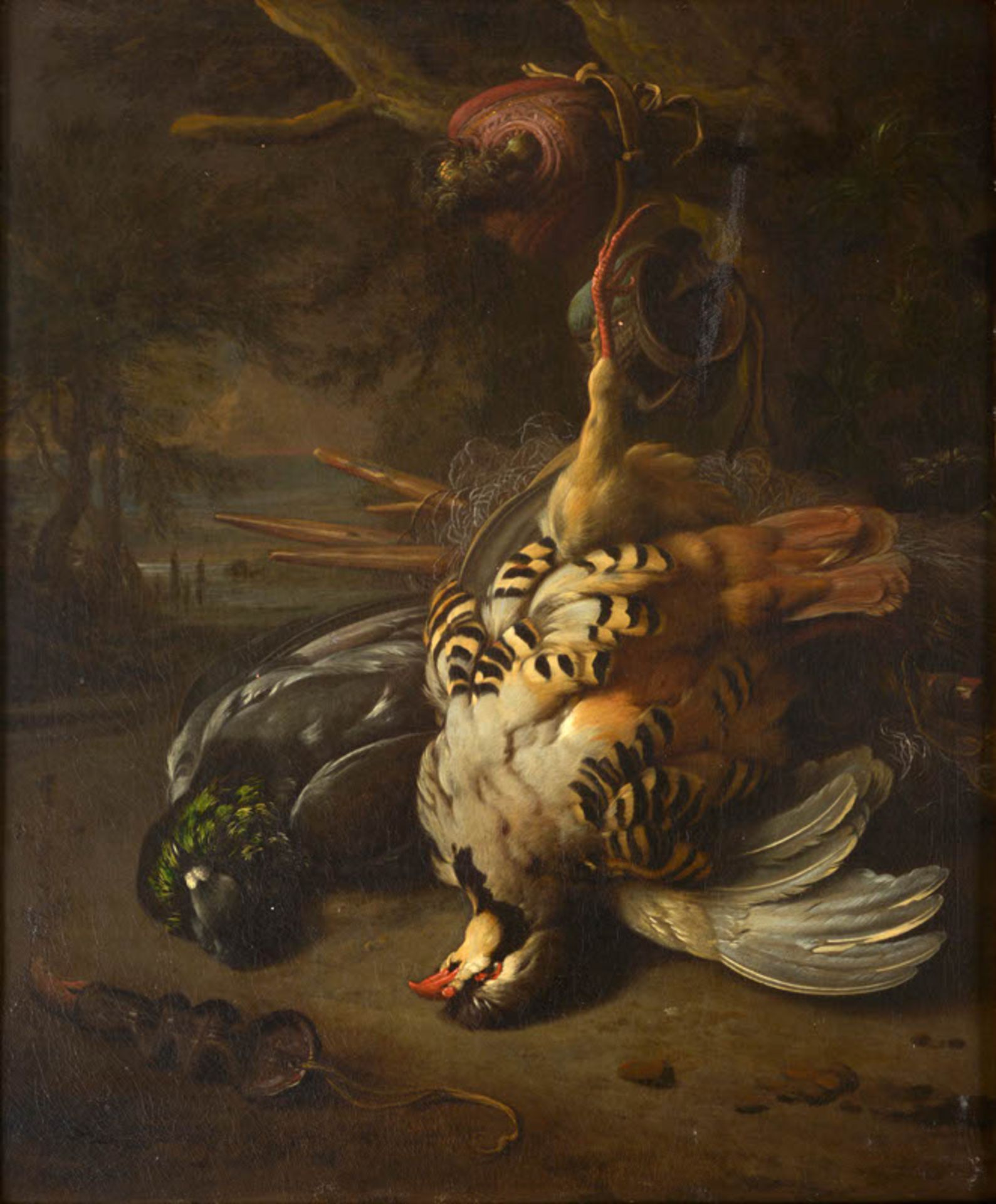 Jan Weenix (1640-1719), 'Jachtstilleven met patrijs en duif, hangend met een valkenkap aan een