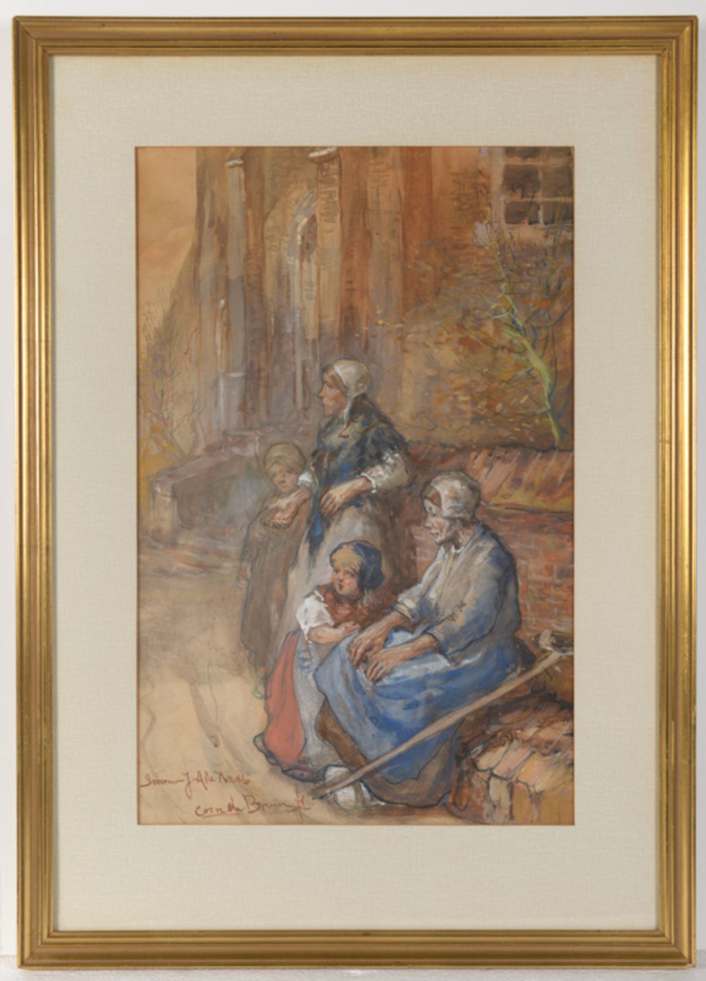 Cornelis de Bruin (1870-1940), 'Bedelaars aan de voet van een kerk', gesigneerd, aquarel, afm. 51, - Image 2 of 3