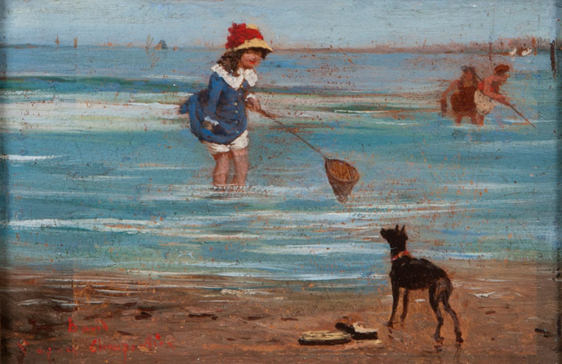 Reserve: 1200 EUR    French Master  active early 20th cent.  Girl with Dog on the Beach  Oil/wood,