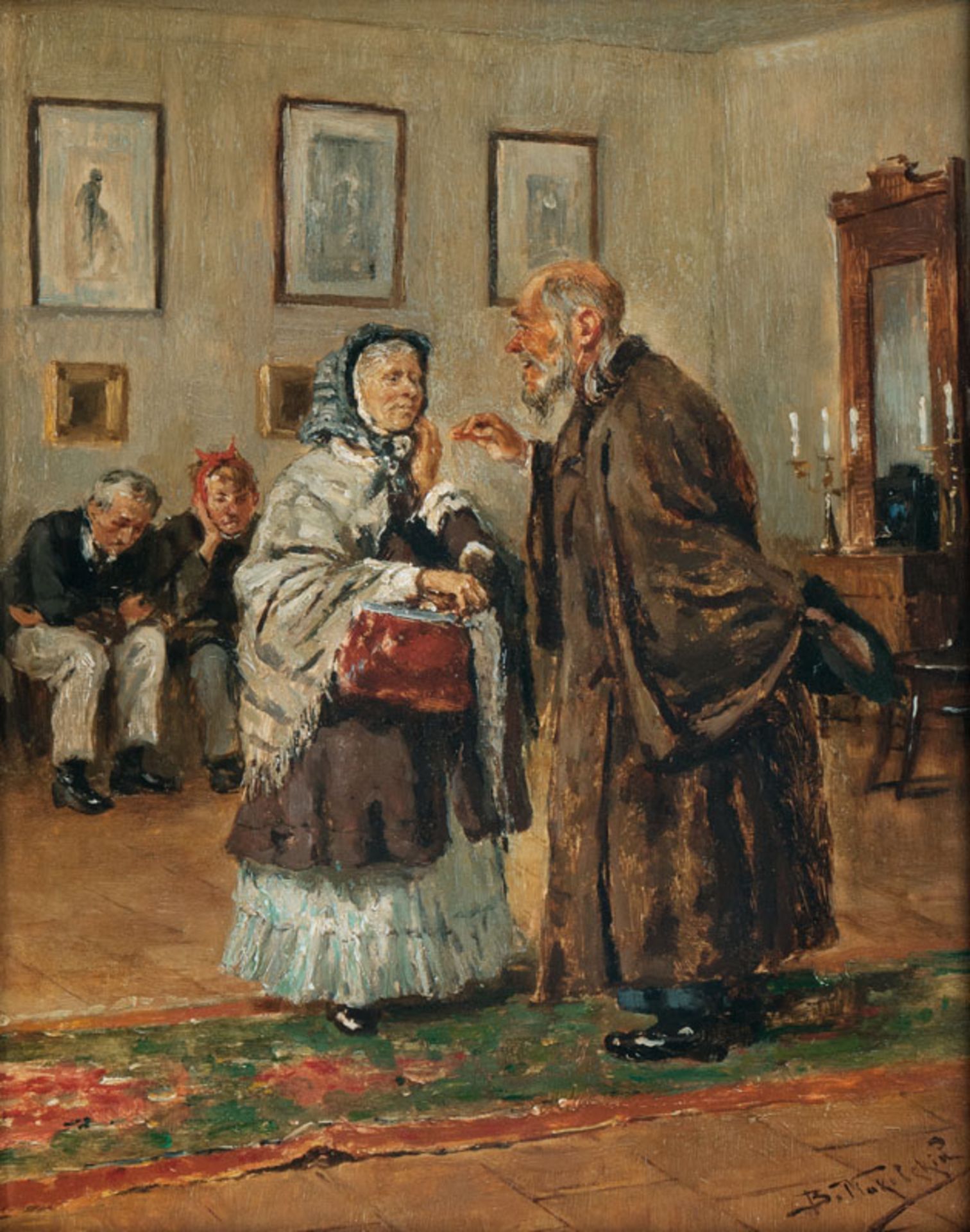 Reserve: 6000 EUR    Makowski  (Moskau 1846 - Petrograd 1920)  In the Waiting Room  Oil/wood, 33,5 x