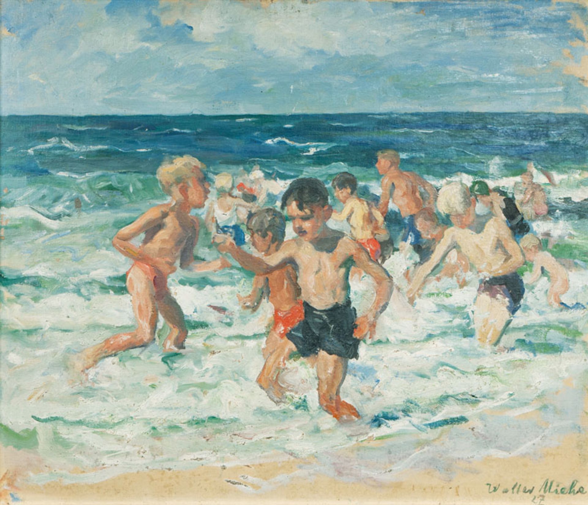 Reserve: 900 EUR    Miehe  (Berlin 1883 - Berlin 1972)  Bathing Boys  Oil/canvas/cardboard, 60,5 x