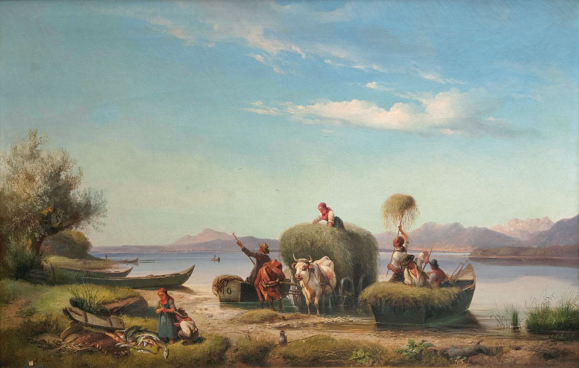 Reserve: 4000 EUR    Marr  (Hamburg 1807 - München 1871)  Harvesting Hay  Oil/canvas, 66,5 x 103 cm,