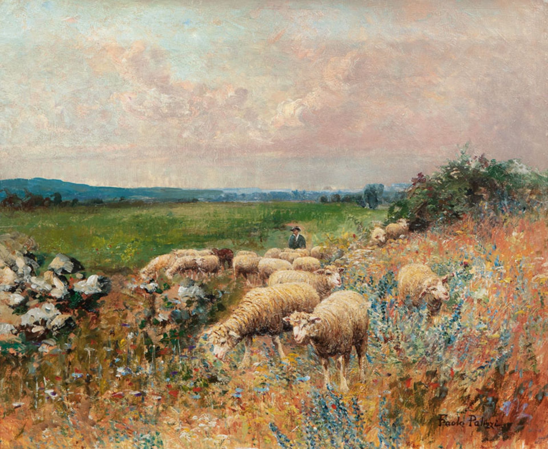 Reserve: 3800 EUR    Palizzi  (Vasto 1825 - Vasto 1871)  Shepherd with Flock  Oil/canvas, 46 x 55