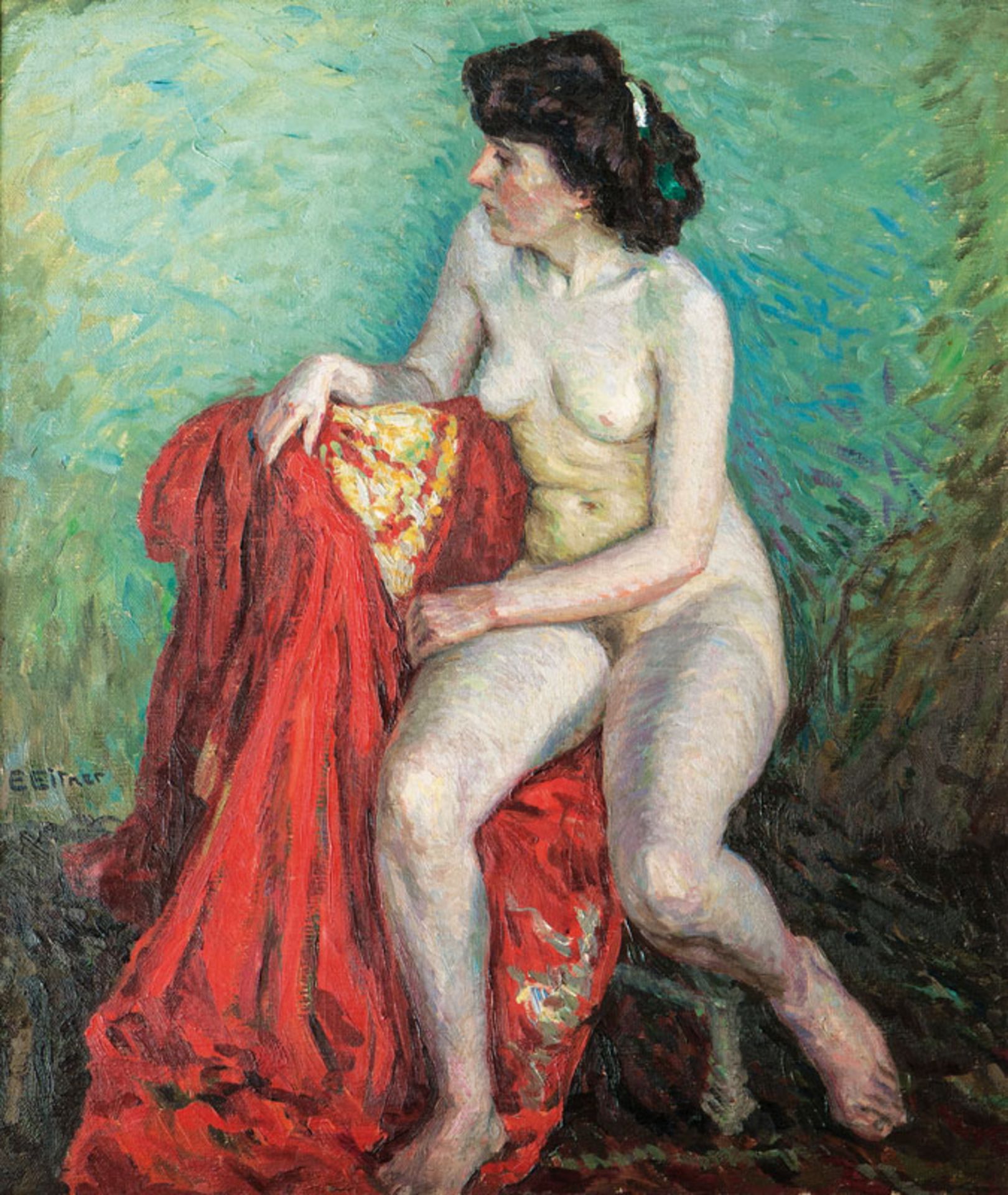 Reserve: 3800 EUR    Eitner  (Hamburg 1867 - Hamburg 1955)  Nude with red Coat  Oil/canvas, 70 x