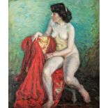 Reserve: 3800 EUR    Eitner  (Hamburg 1867 - Hamburg 1955)  Nude with red Coat  Oil/canvas, 70 x