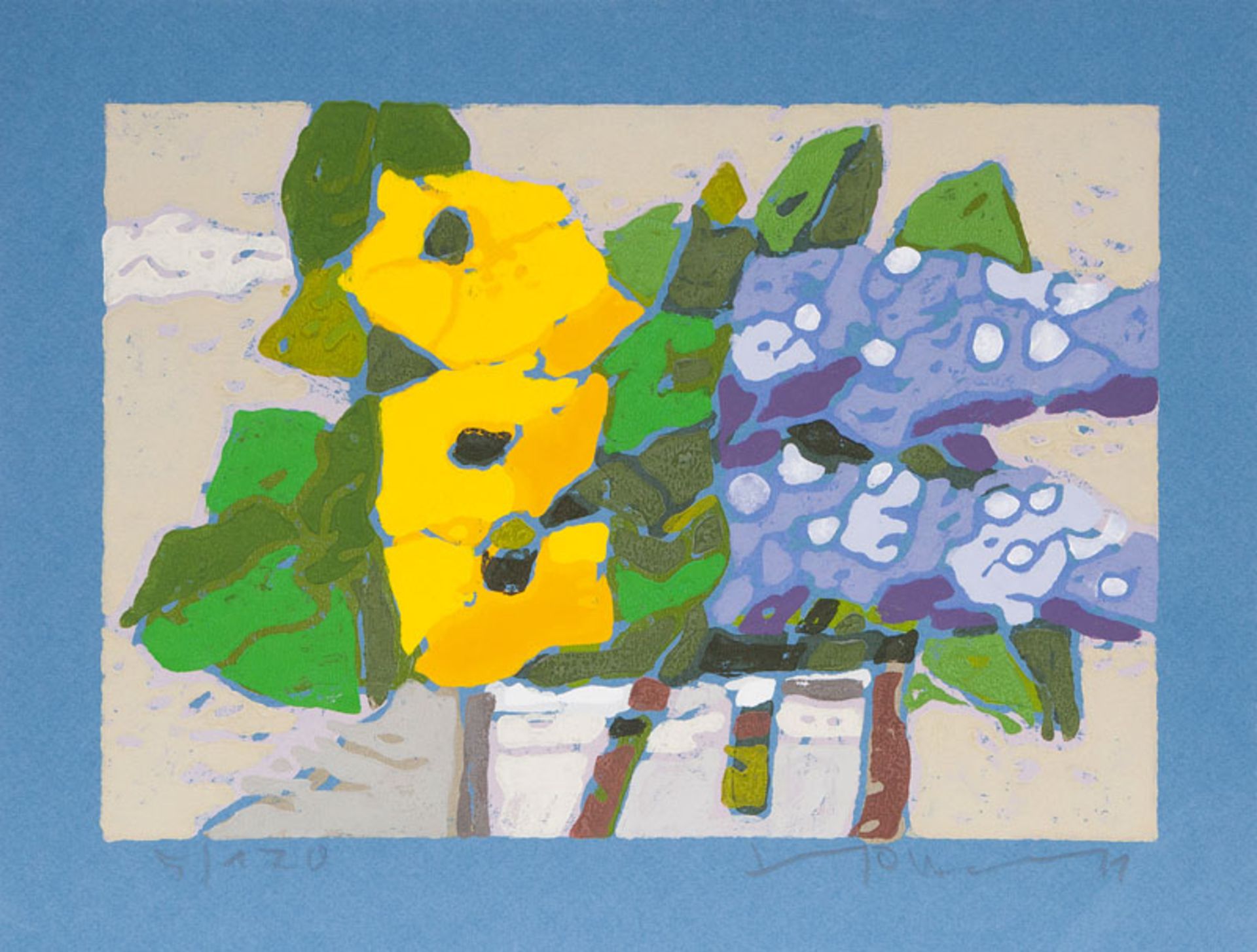 Reserve: 250 EUR    Fußmann  (Velbert 1938)  Flowers  Linocut in colours, 20,5 x 30 cm, lo. ri.