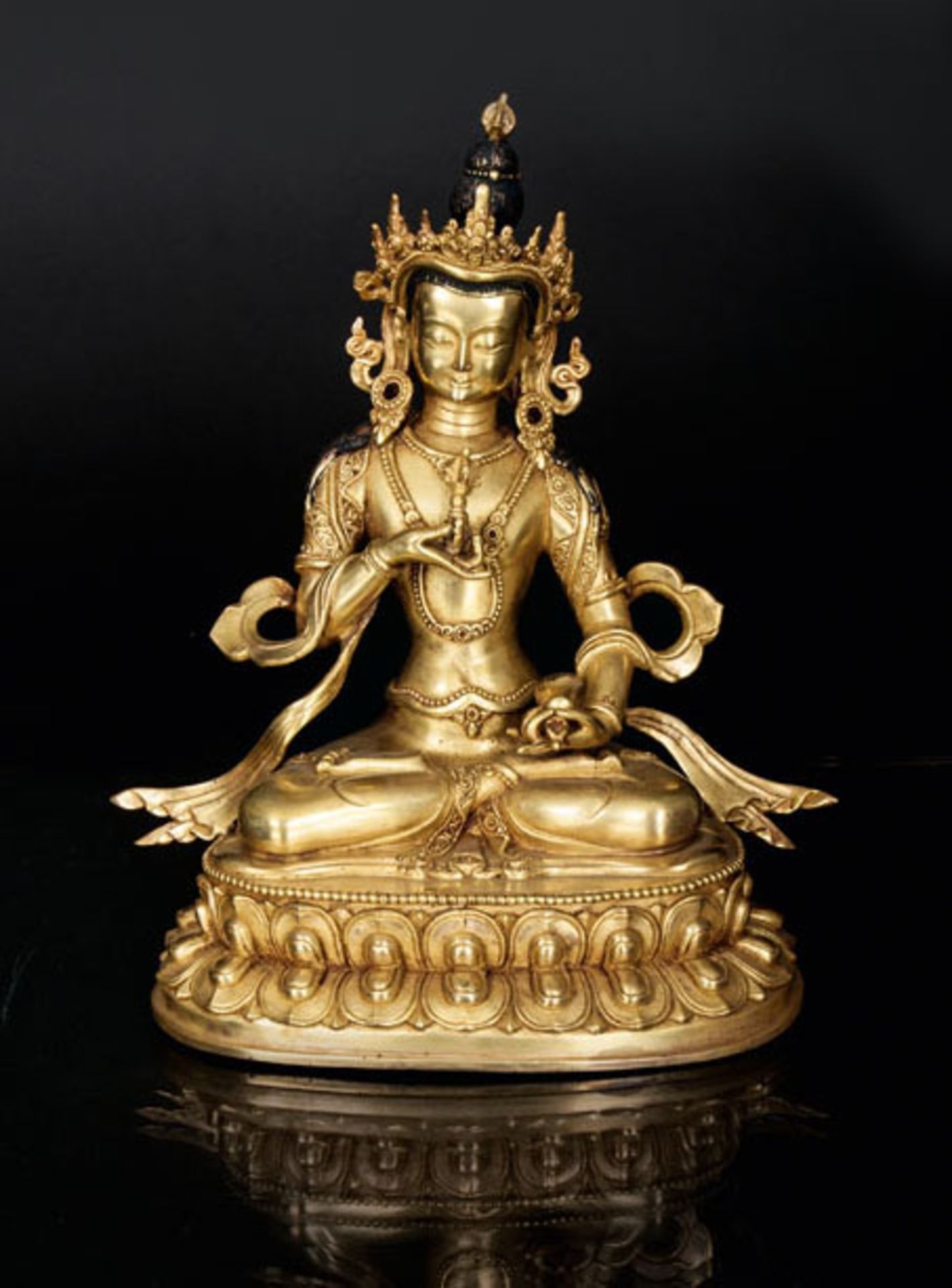A bronze figure 'Vajrasattva' Tibet, around 1900. Gilt bronze with partly polychrome painting. The