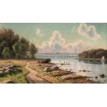 Landscape Painter active early 20th cent. River with Panoramic View of a City Oil/canvas, 31 x 49