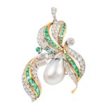 A rare natural pearl diamond emerald brooch Around 1930. Probably platinum with yellow gold. The