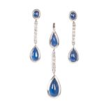 A sapphire diamond set with pendant and a pair of earrings 14 ct. white gold. Setting with 6