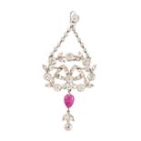 A ruby diamond pendant in Edwardian style Silver, marked 800. One pear shaped ruby approx. 0,75