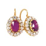 A pair of russian Art Noveau ruby diamond earrings Probably St. Petersburg, around 1900. 14 ct.