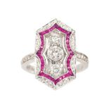 A ruby diamond ring in Art-Déco style 18 ct. white gold, marked. In front and on the sides with 41