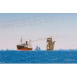 Storck (Hamburg 1940) Steamship and Sailing Ships off the Coast Oil/cardboard, 18,5 x 28 cm, lo. ri.