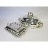 AN ELECTROPLATE ENTREE DISH AND COVER the rectangular body with gadrooned rim, the cover with a pair