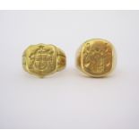 TWO 18CT GOLD SIGNET RINGS one engraved with a crest, size L1/2, the other with a monogram, size O