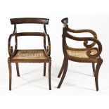 A PAIR OF CAPE REGENCY STINKWOOD ARMCHAIRS each curved top and mid-rail between scrolling arms,