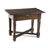 A CAPE ROOIELS, STINKWOOD AND TEAK SIDE TABLE the moulded rectangular top above a long frieze