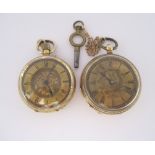 AN 18CT GOLD OPEN-FACED POCKET WATCH the gilt dial with gilt Roman numerals and flat-chased floral