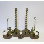 A MISCELLANEOUS COLLECTION OF COPPER AND BRASS CANDLESTICKS AND CHAMBERSTICKS various shapes and