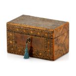 A burr walnut and parquetry tea caddy rectangular, the hinged top enclosing two lidded