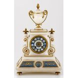 A WHITE MARBLE MANTLE CLOCK, JAPY FRERES, FRANCE, the 108cm dial applied with black Roman numerals