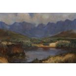 Pieter Hugo Naudé POND WITH MOUNTAINS BEHIND authenticated by Jean Welz on the reverse oil on